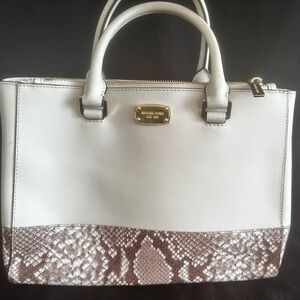 Michael Kors White Satchel with Snake-Print Trim and Gold Hardware